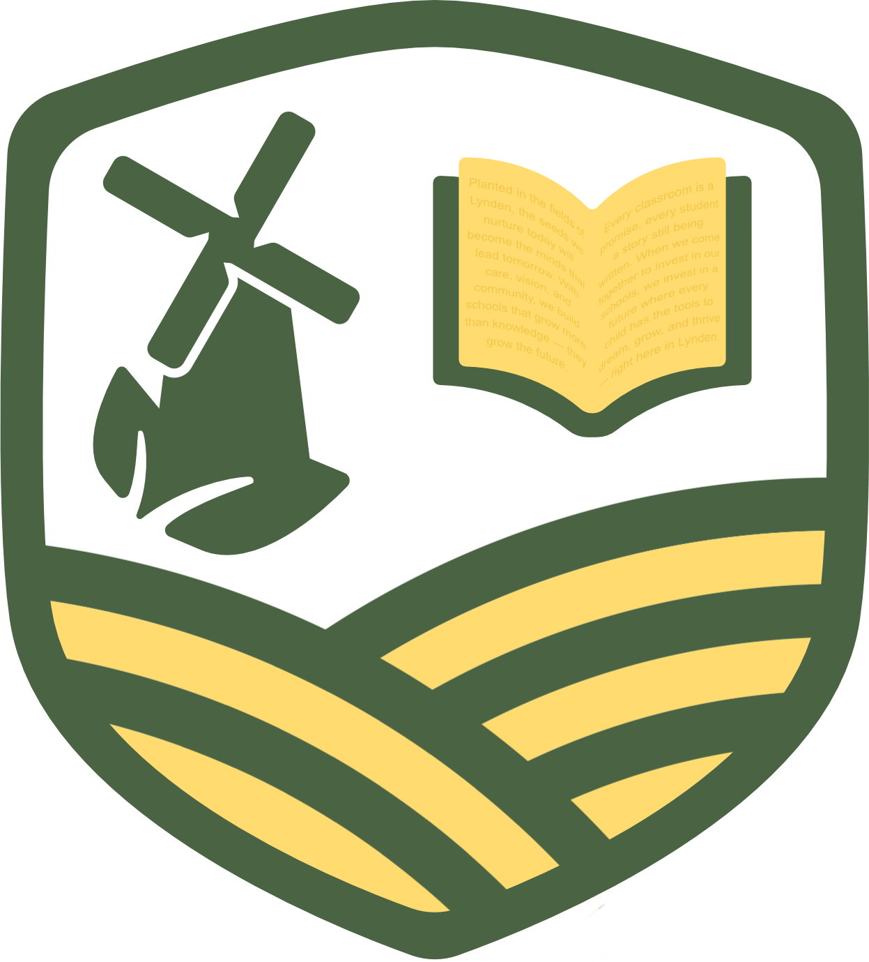 A green and yellow shield icon containing rolling fields, a windmill, and a textbook.