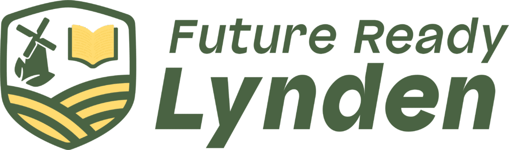On the left, a green and yellow shield icon containing rolling fields, a windmill, and a textbook. On the right, the words 'Future Ready' sit atop 'Lynden' in a bold italic typeface.